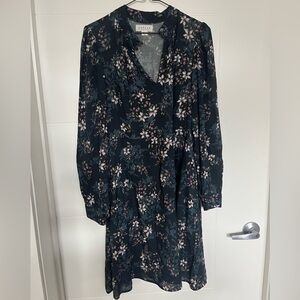 Velvet Long Sleeve Floral Dress - Dark Blue